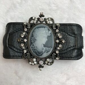 Gothic-Style Faux Black Leather Buckle Cuff Bracelet w/Blue and White Cameo